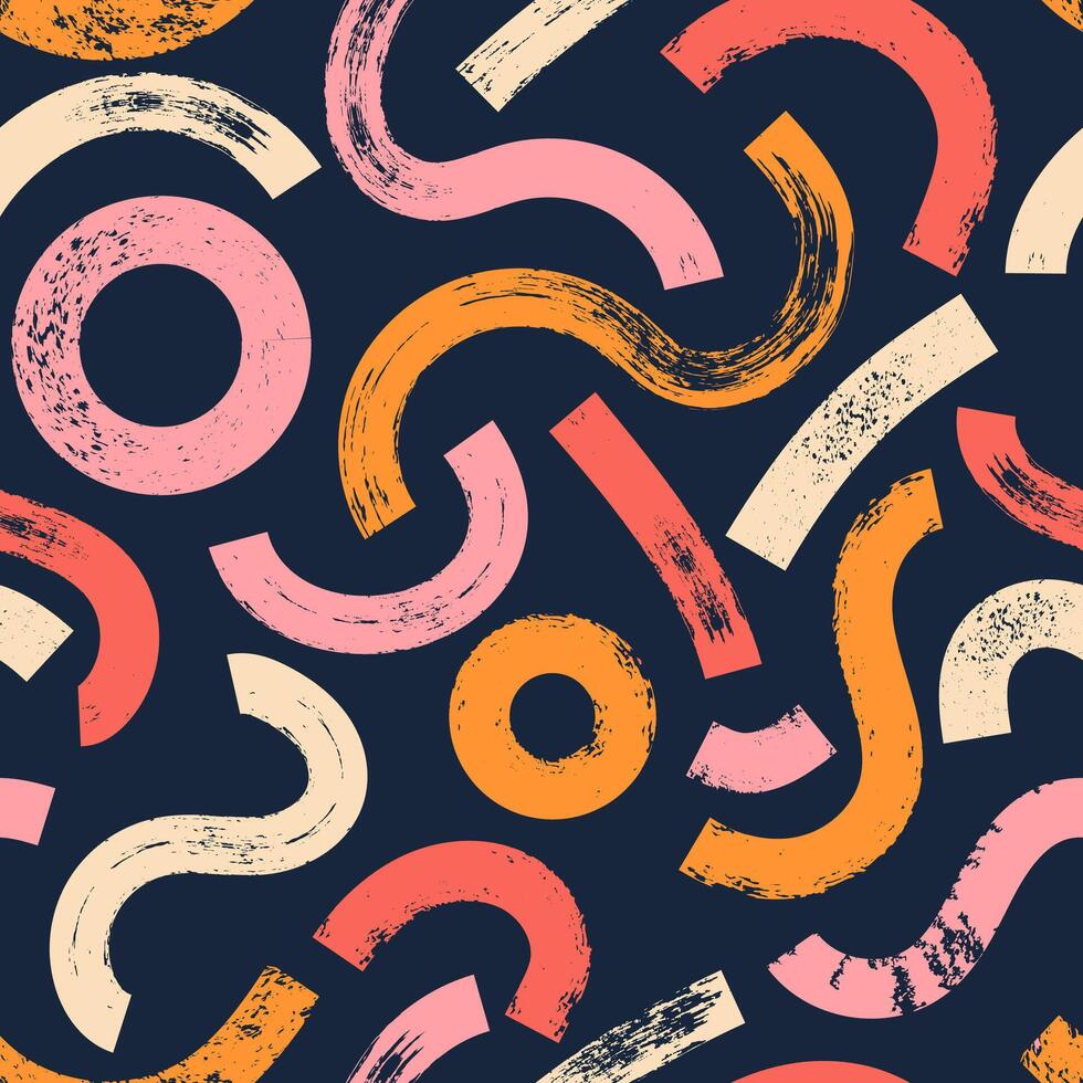 Wavy and swirled bold brush strokes seamless pattern. Hand drawn geometric pattern with curved bold lines and circles. Modern print for textile, fabric, wallpaper, wrapping, scrapbook and packaging vector
