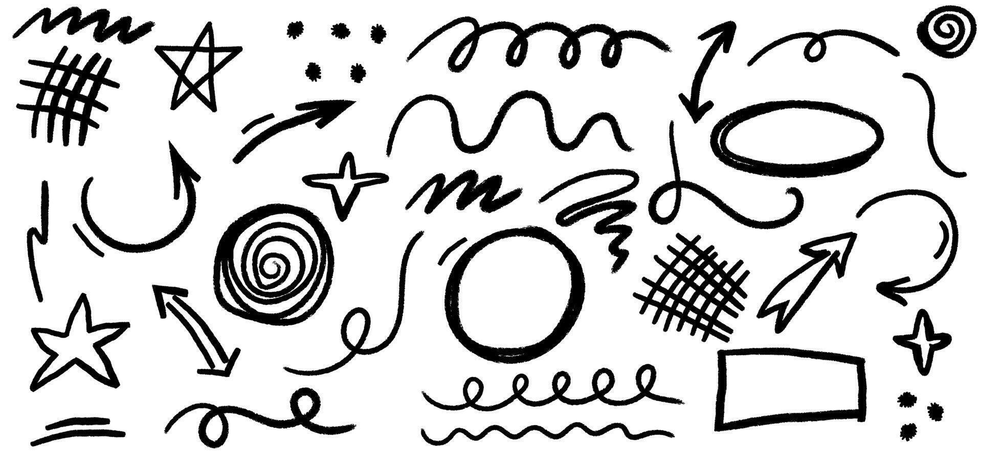 Collection of charcoal graffiti doodle shapes. Hand drawn set of abstract scribbles and squiggles, creative various shapes, pencil drawn icons. Scribbles, scrawls, stars, arrows, curly lines. vector