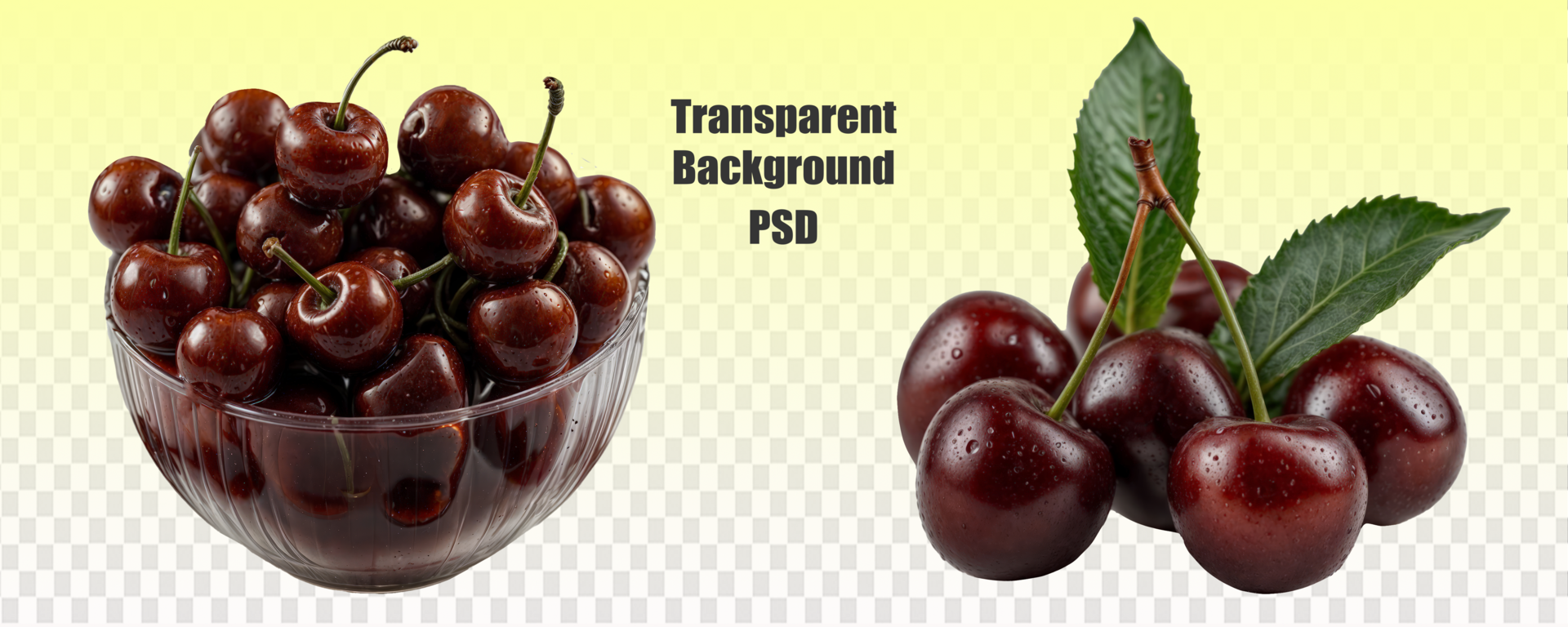 A bowl of cherries next to a bunch of cherries on a transparent background showcases a variety of natural and nutritious foods, berries psd