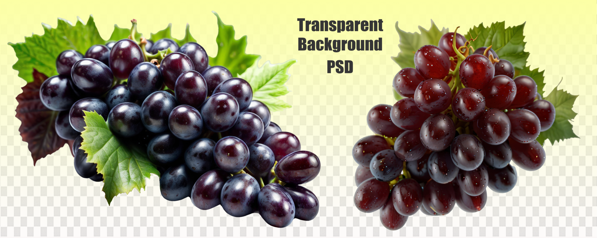 A cluster of ripe grapes with green leaves, set against a clear background, representing food, fruit, seedless fruit, natural foods, berries, superfoods, local produce psd