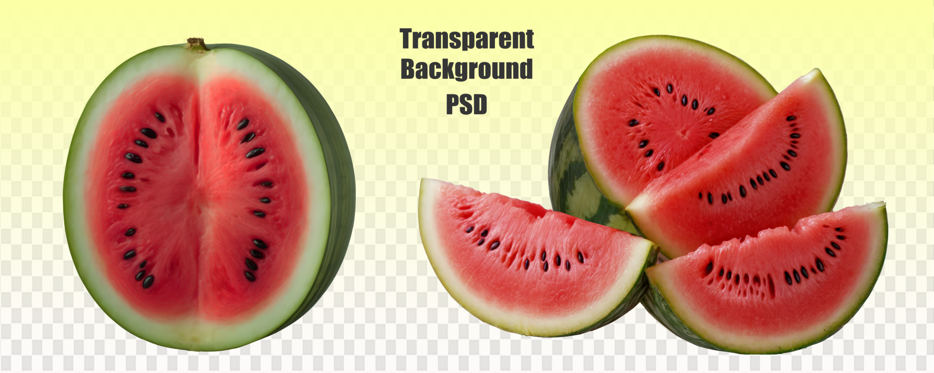 A watermelon is cut in half and sliced, displayed on a seethrough background, showcasing its freshness and vibrant colors psd