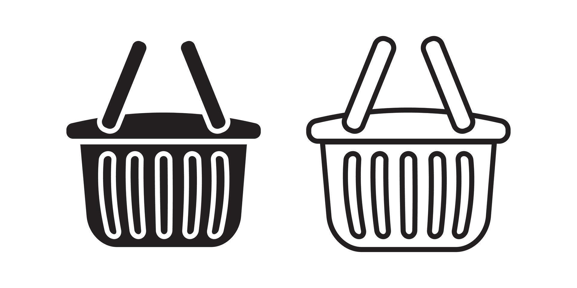 Shopping basket icon set, Shopping cart icon set, Full and empty shopping cart symbol, supermarket grocery purchase basket symbol in black filled and outlined style. vector