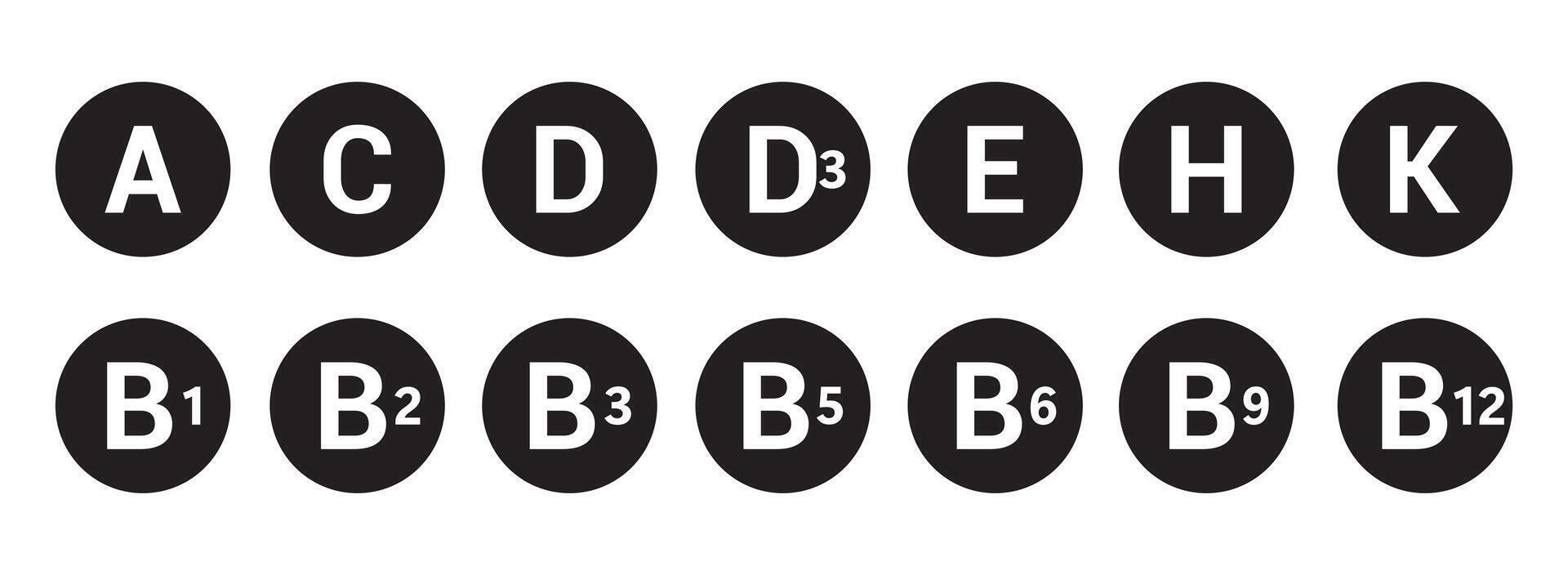 Set of different vitamin black icon. Isolated on white background vector