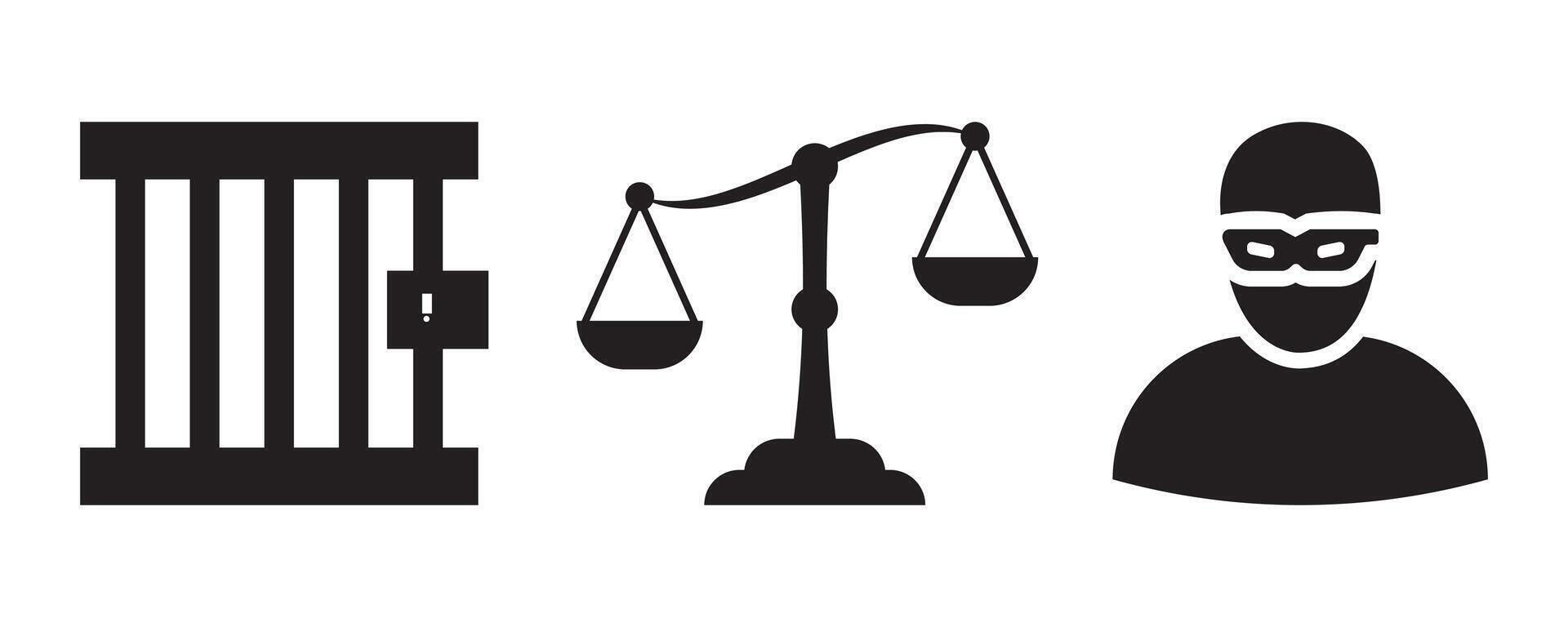 Set Scales of justice, Prison window, Thief mask, illustration on white background. vector