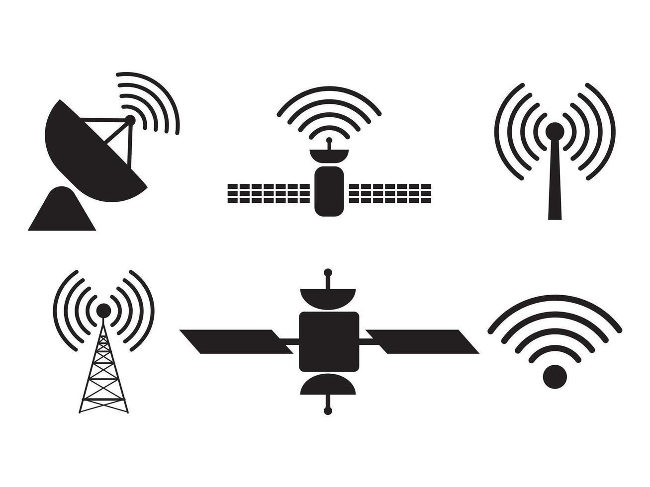 Wireless satellite technology icon set. Antenna, satellite and satellite dish icons. Satellite Data Icon illustration. vector