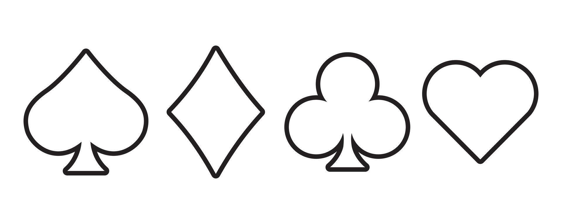 Suit deck of playing outline cards on white background. Hearts diamonds clubs spades sign chips. illustration. vector