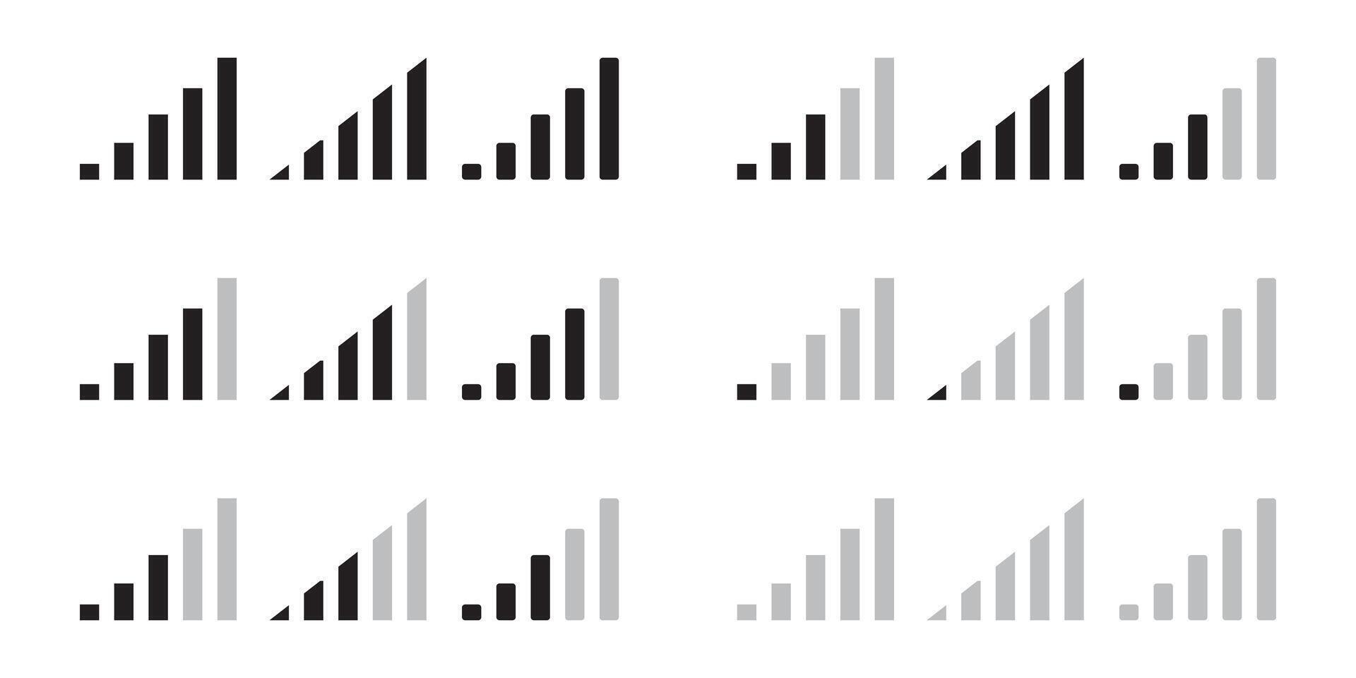 Signal strength indicator set, mobile phone bar status icon. network connection level sign Black signal bars. No signal symbol, illustration vector