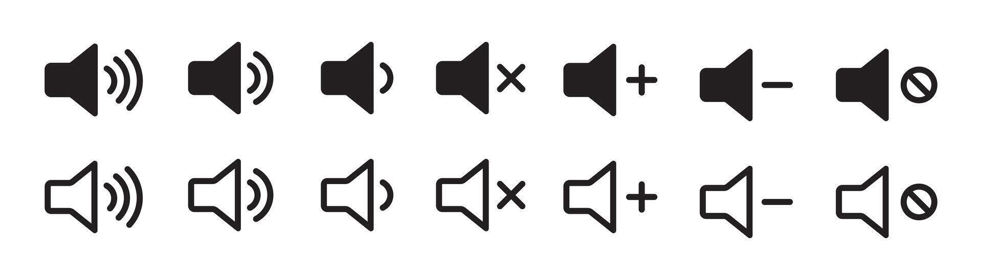 Sound volume icons set with different signal feel and outline levels on white background. Sound icon, volume symbol, speaker sign, audio control icon set. vector