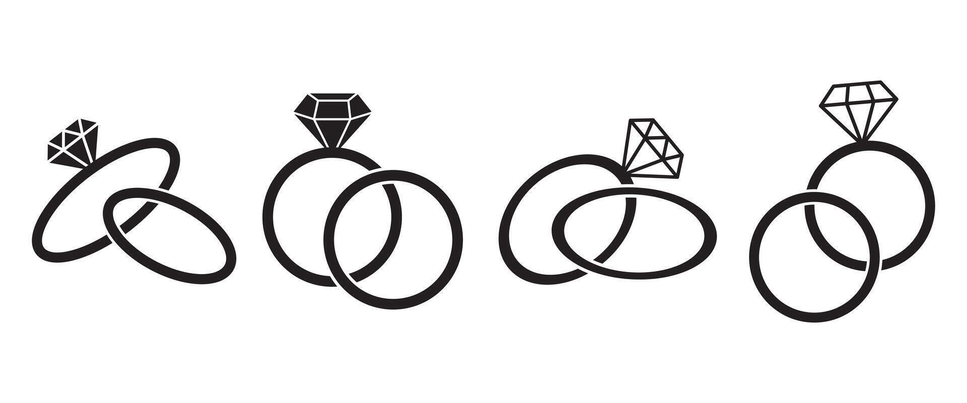 diamond engagement Wedding ring set icon. Silhouette illustration isolated on white background. Jewelry and marriage image. Gemstone rings. vector