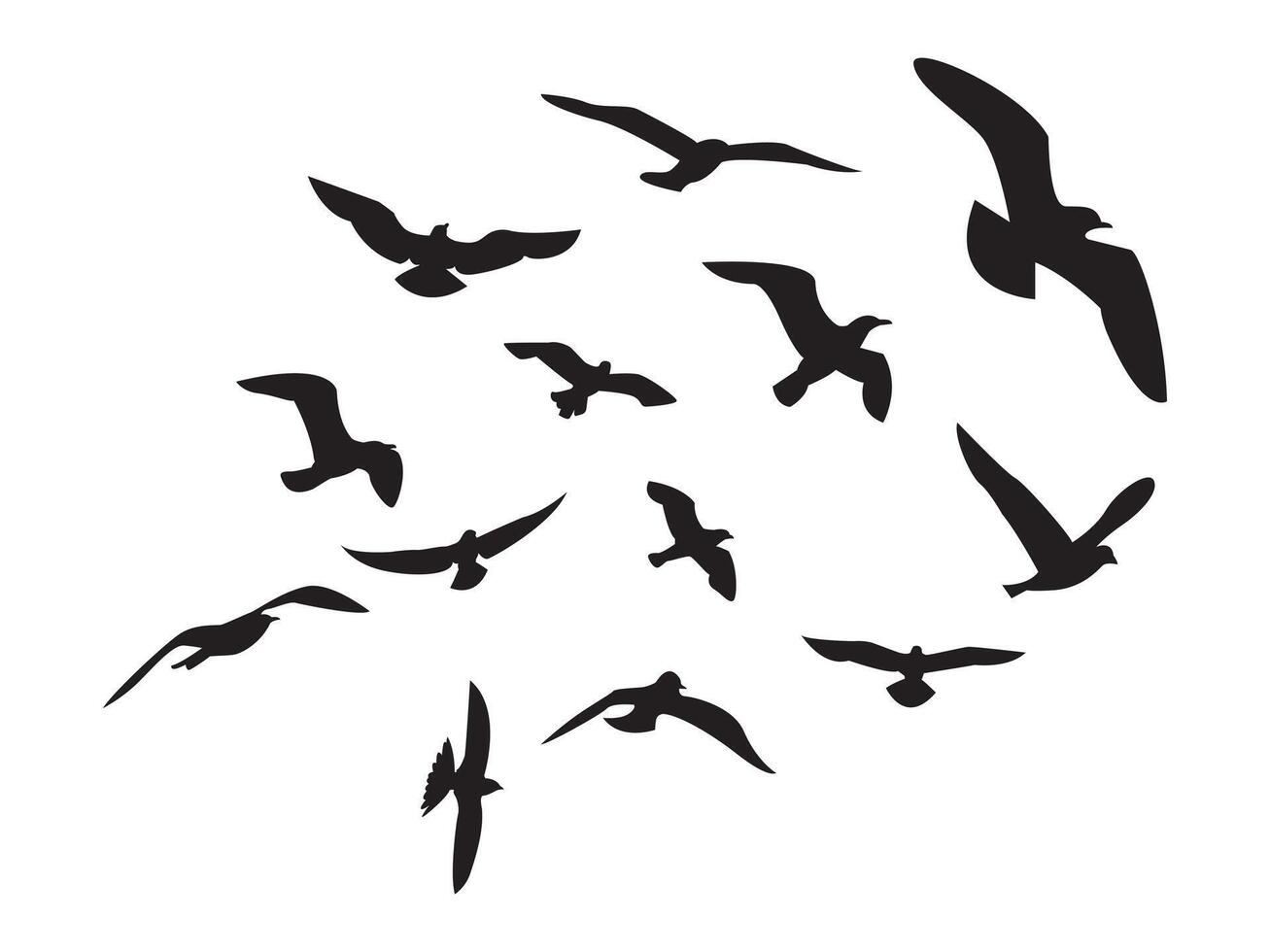 Collection of flying bird silhouettes. group of flying birds silhouette, A flock of flying birds. isolated bird flying. tattoo design. vector