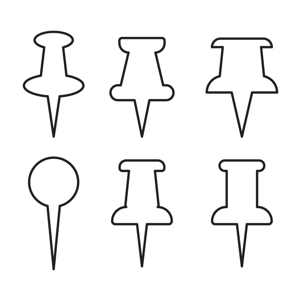 Push pin thin line icons set. Thumbtack for note attach. Paperclip symbol outline collection, needle for fixing on a board or map stock for web or app, Collection of office stationery pin icon vector