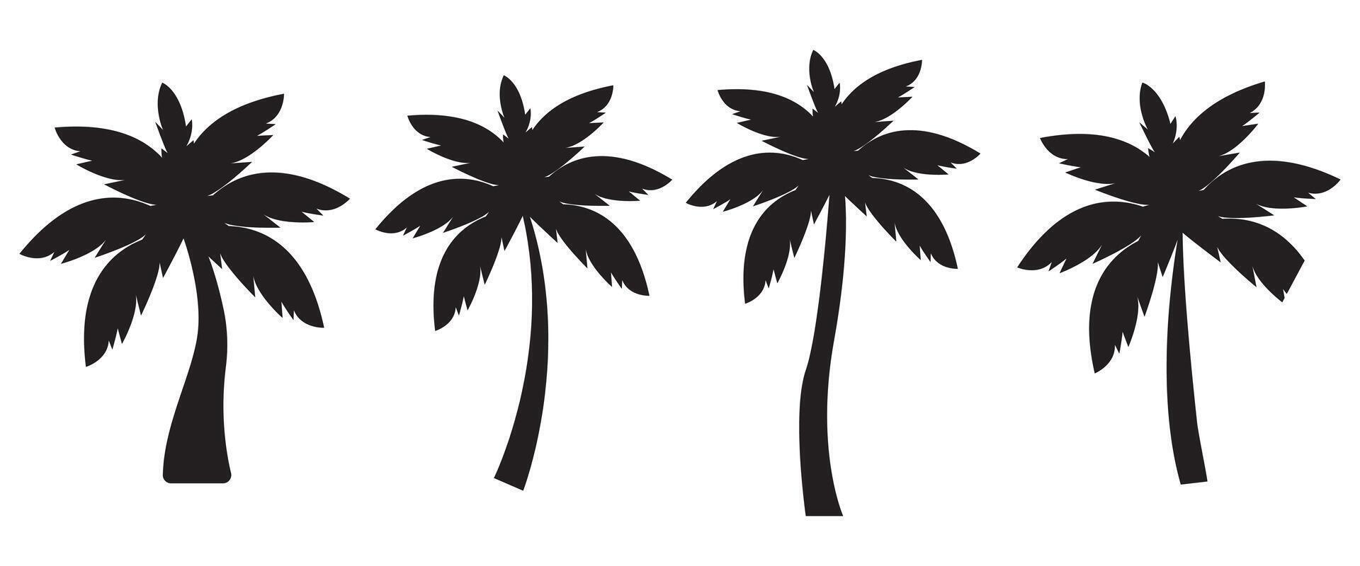 set of Black palm trees isolated on white background. coconut Palm tree silhouettes. Design of palm trees for posters, banners and promotional items. vector