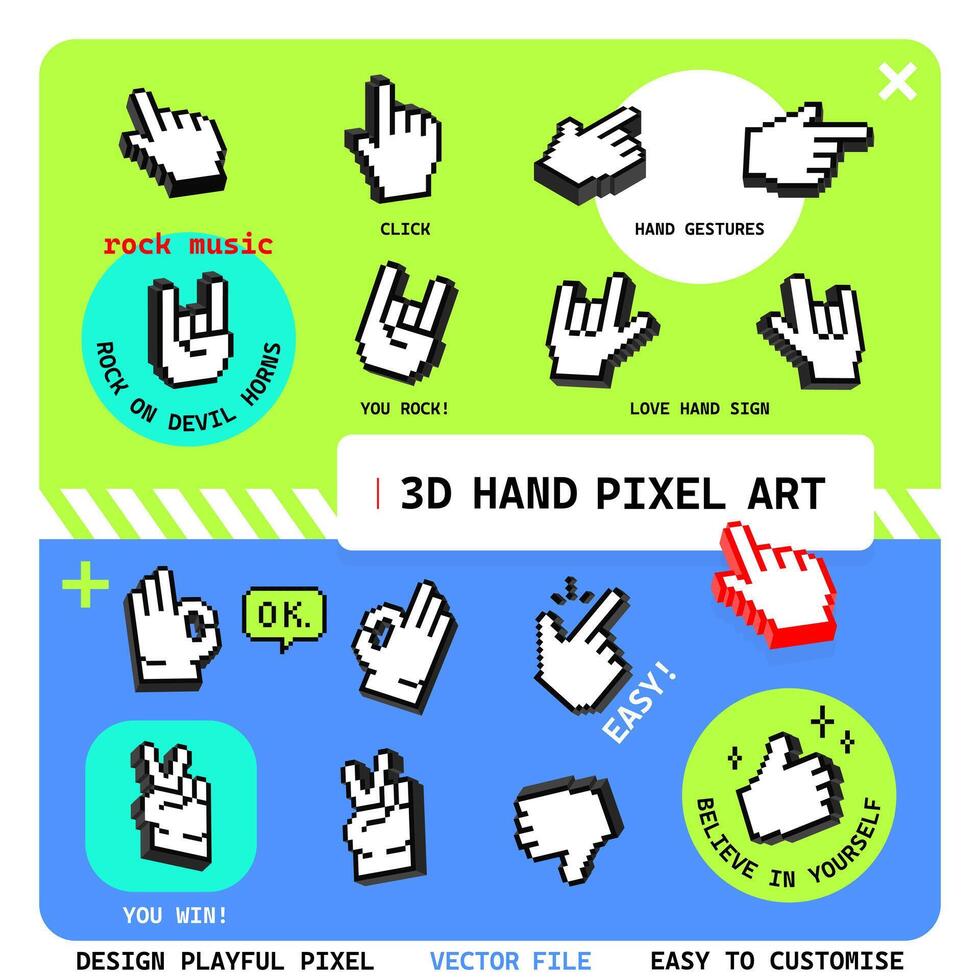BLACK BASIC 3D Hand Pixel Art Icon Sticker vector