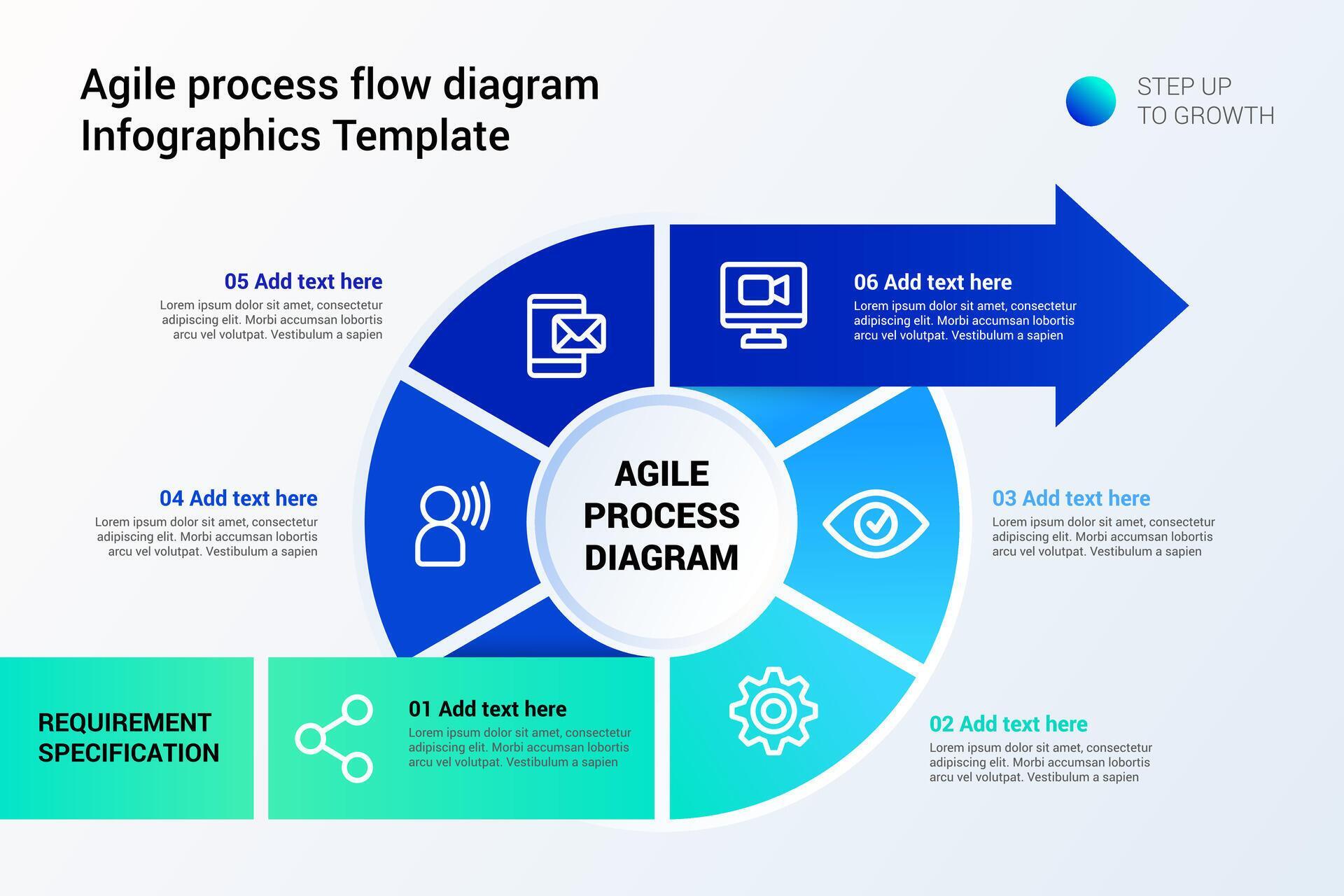 Agile process flow diagram infographic, 6 step options modern blue ...