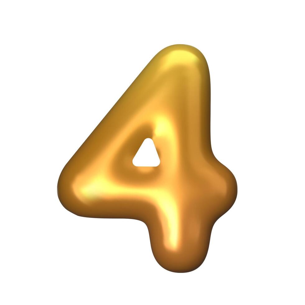Numeral 4 - Golden Plastic Balloon Number four Isolated on White Background. 3D Style Illustration vector