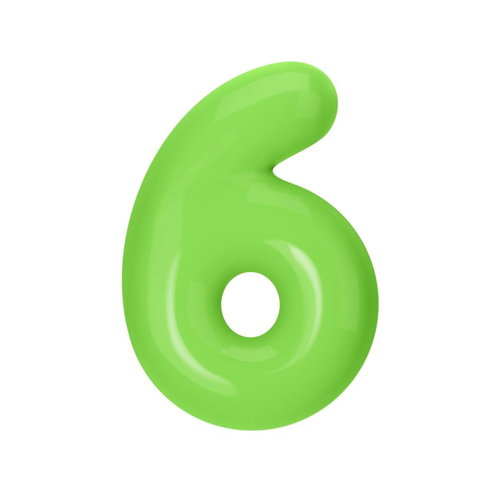 Numeral 6 - Green Plastic Balloon Number six Isolated on White Background. 3D Style Illustration vector