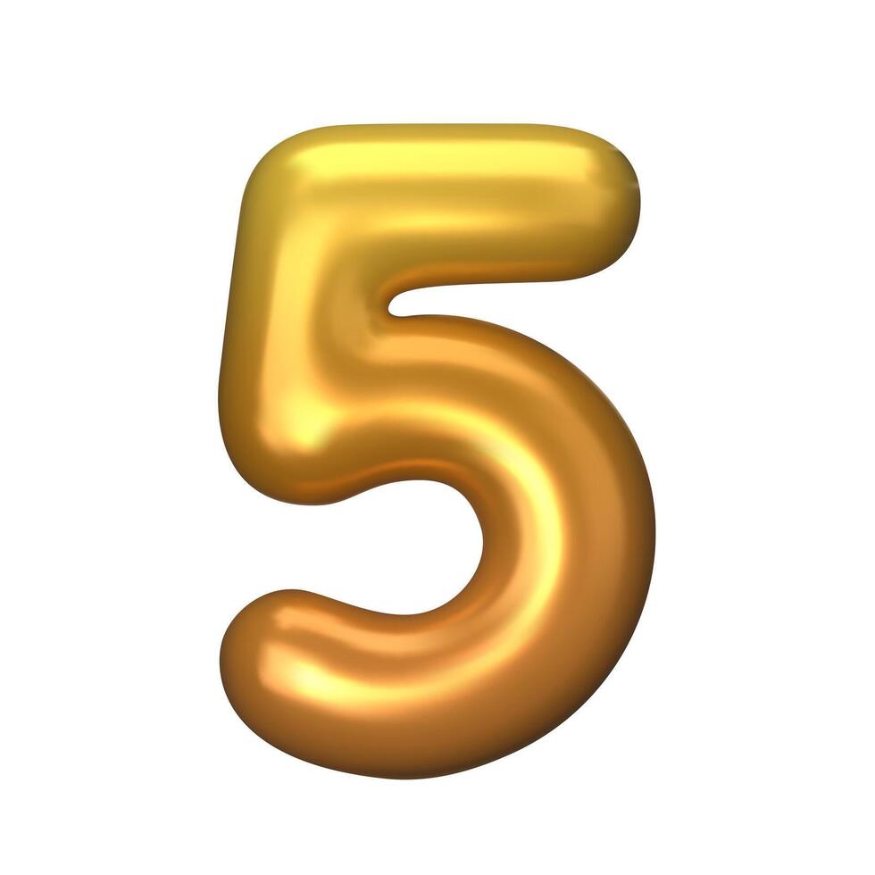 Numeral 5 - Golden Plastic Balloon Number five Isolated on White Background. 3D Style Illustration vector