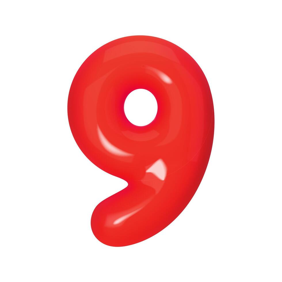 3D red number 9 isolated on white background. Three-dimensional illustration digit nine for holidays, birthdays and discounts. Bright and realistic design, perfect for greetings and festivities vector