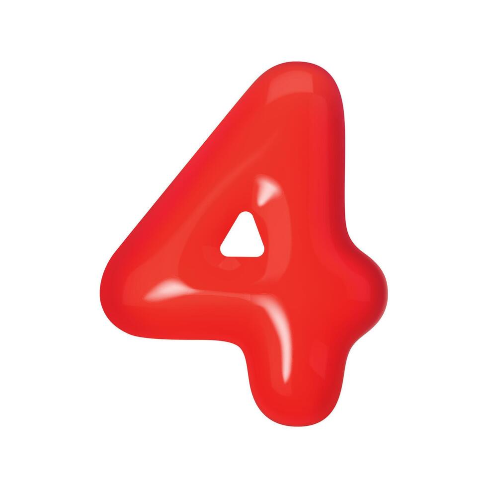 3D red number 4 isolated on white background. Three-dimensional illustration digit four for holidays, birthdays and discounts. Bright and realistic design, perfect for greetings and festivities vector