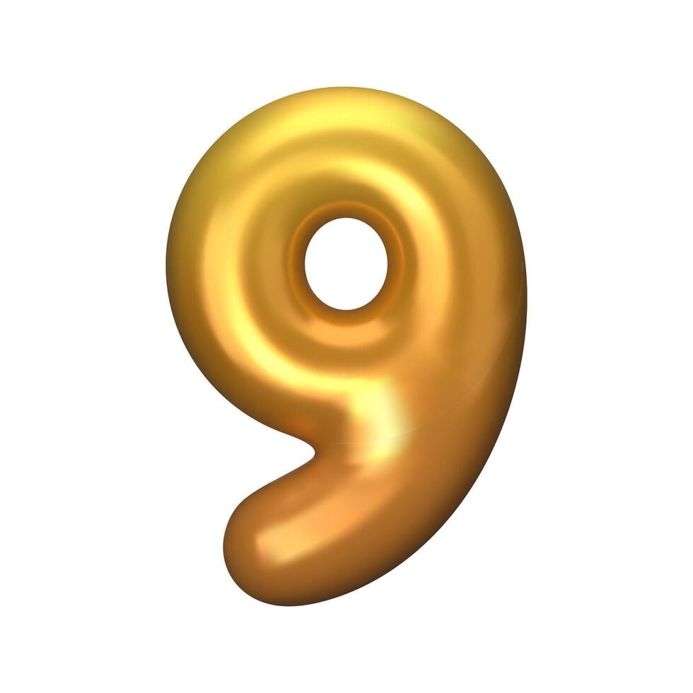Numeral 9 - Golden Plastic Balloon Number nine Isolated on White Background. 3D Style Illustration vector