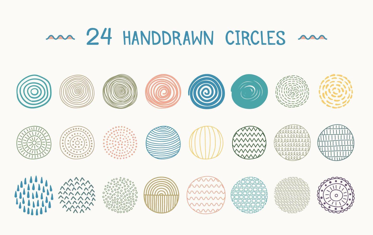 Set of 24 handdrawn colored circles, doodle style vector