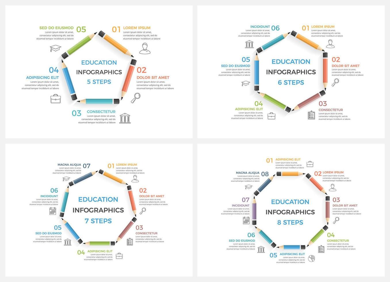 Set of education infographics templates with pencils arranged in a circle vector