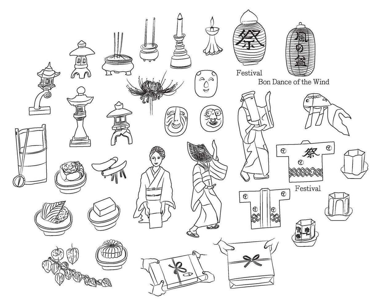 Hand-drawn illustrations of traditional Japanese summer festivals vector