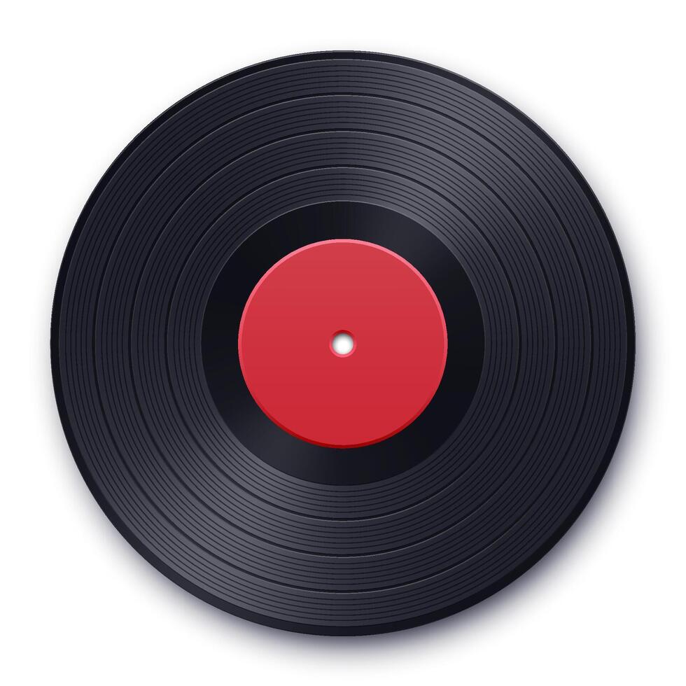 Realistic illustration of vintage vinyl record with red label and shadow isolated on white. Music icon vector