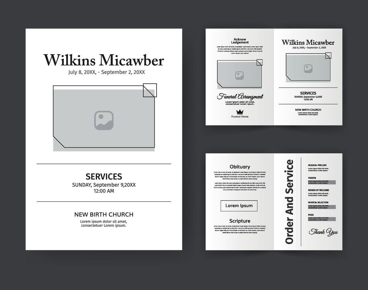 Funeral Template for Memorial Program. Minimalist Bifold Brochure Design Layout. vector