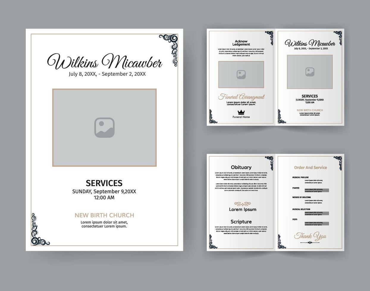 Funeral Template for Memorial Program. Minimalist Bifold Brochure Design Layout. vector