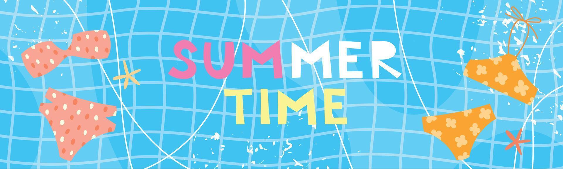 Summertime header. Trendy illustration with swimwear and sea stars on the pool background for poster, card, banner, invitation. Sunny card in naive style. vector