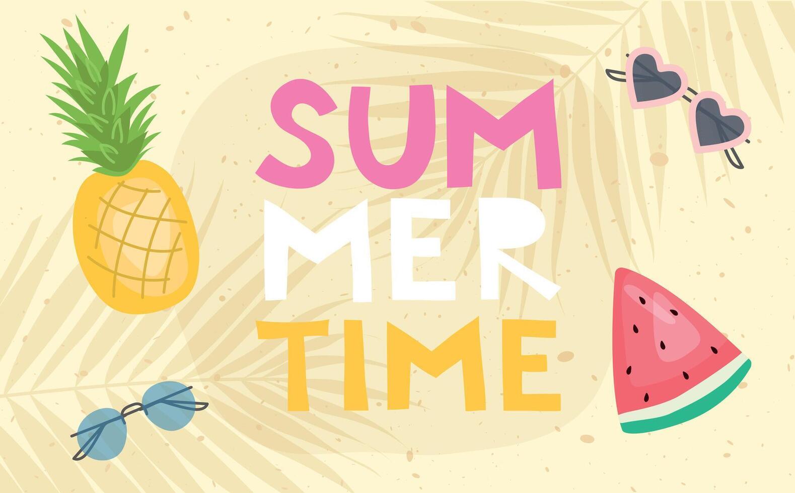 Summer time banner. Trendy illustration with tropical fruits and sunglasses on a beach background for poster, card, banner, invitation. Sunny border vector