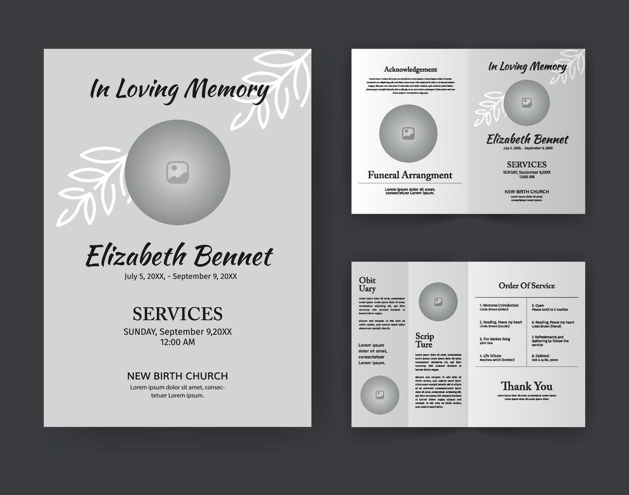 Funeral Template for Memorial Program. Minimalist Bifold Brochure Design Layout. vector