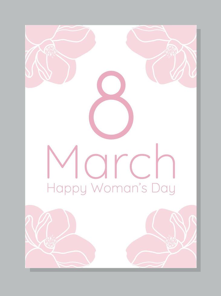 Congratulations on March 8. Women's Day greeting card design. Modern greeting card with soft pink flowers vector