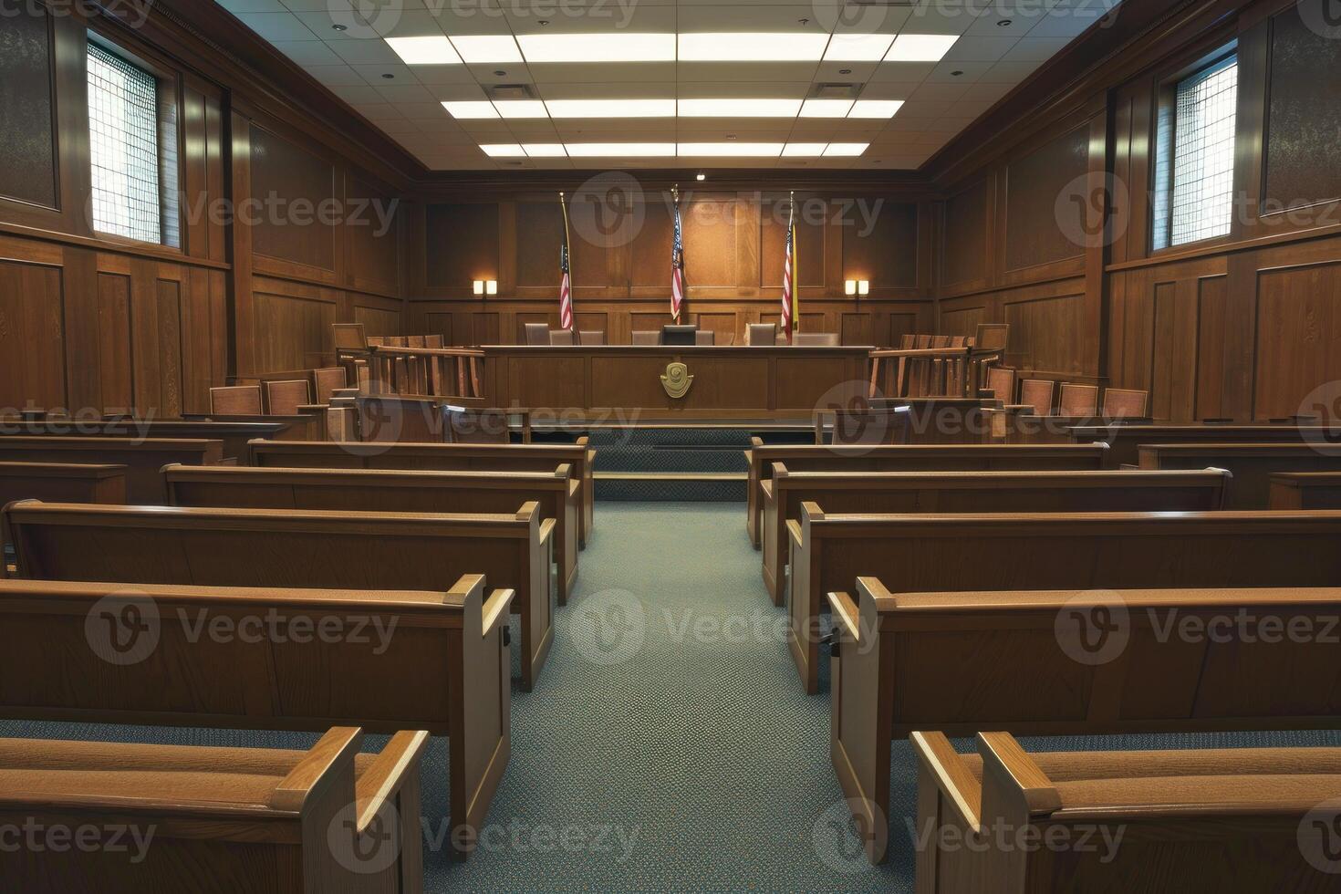 Empty courtroom interior with jury box and judge's bench photo