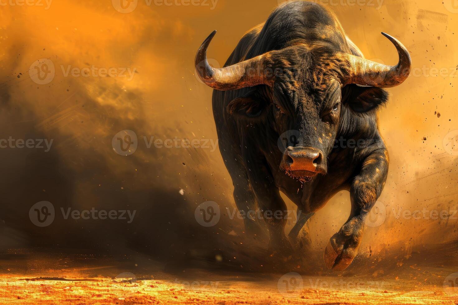 Charging bull in dynamic dust cloud photo