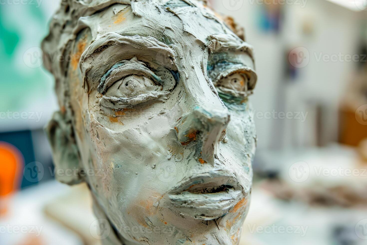 Expressionist clay bust in art studio photo