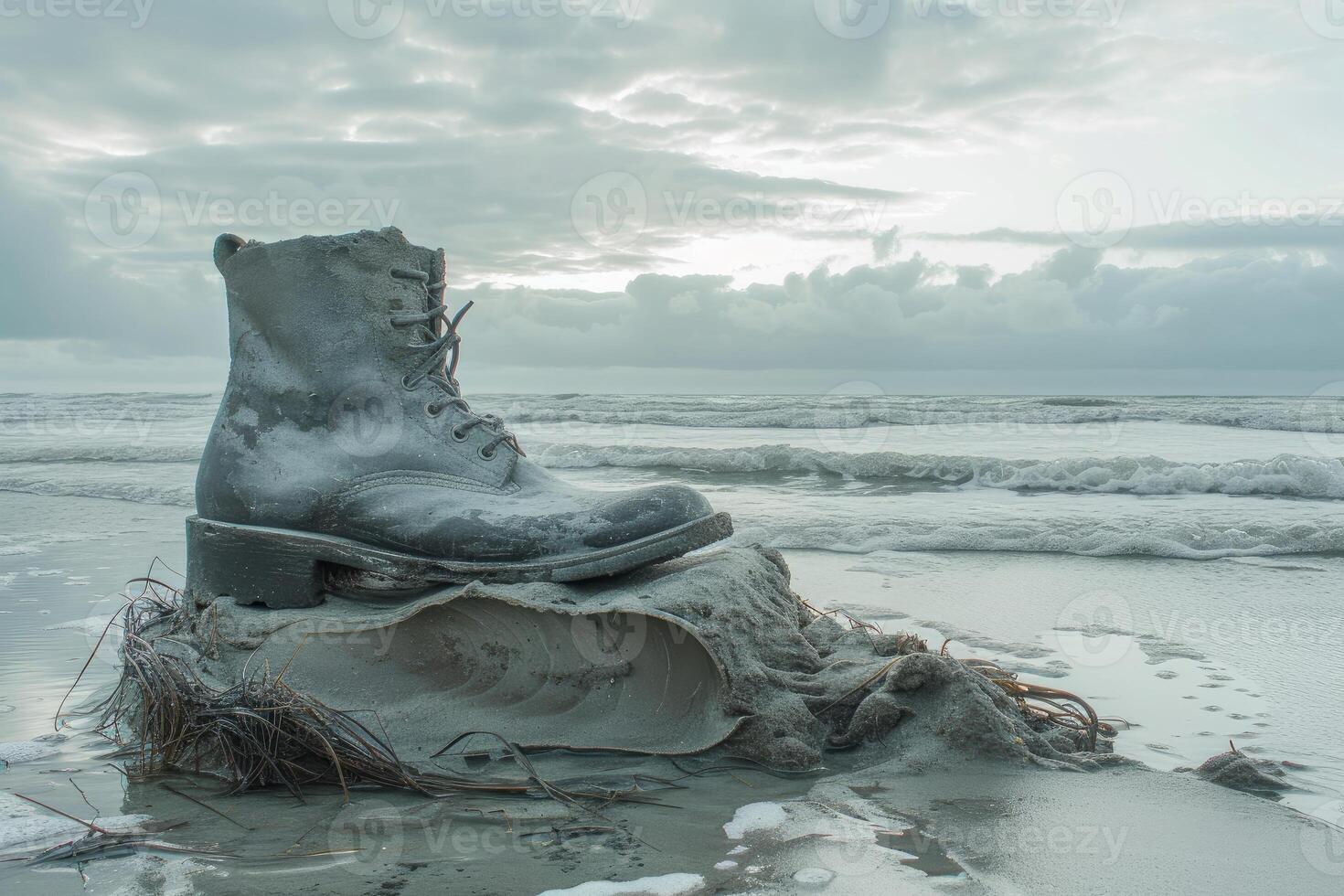 Sole survivor - lone boot on a moody beachscape photo