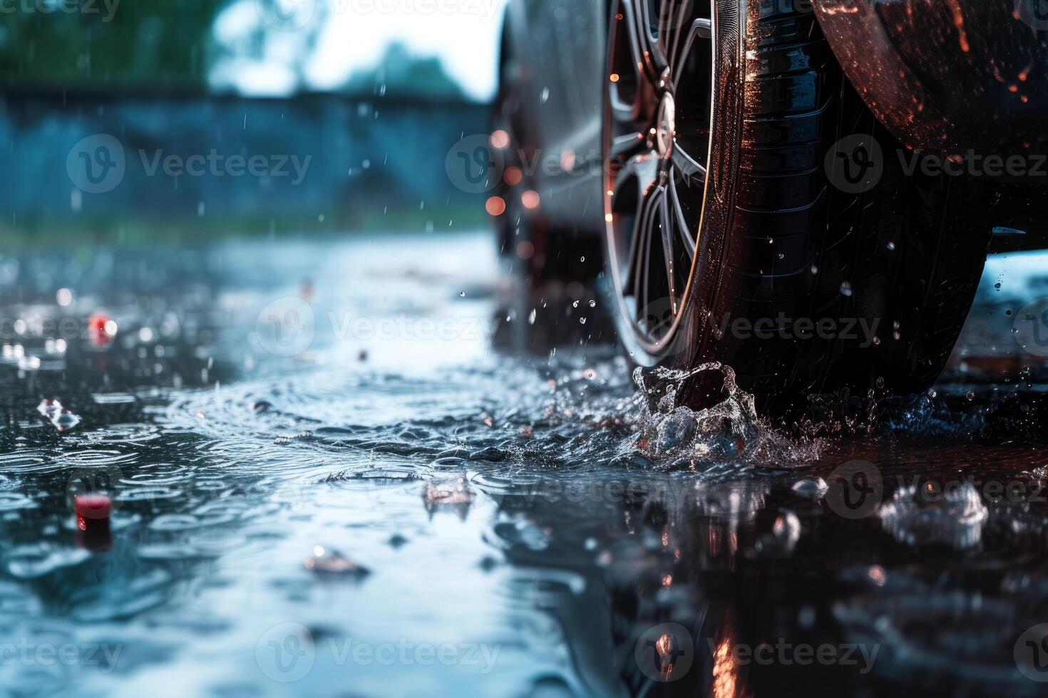 Vehicle tire splashing through rain puddle on urban street photo