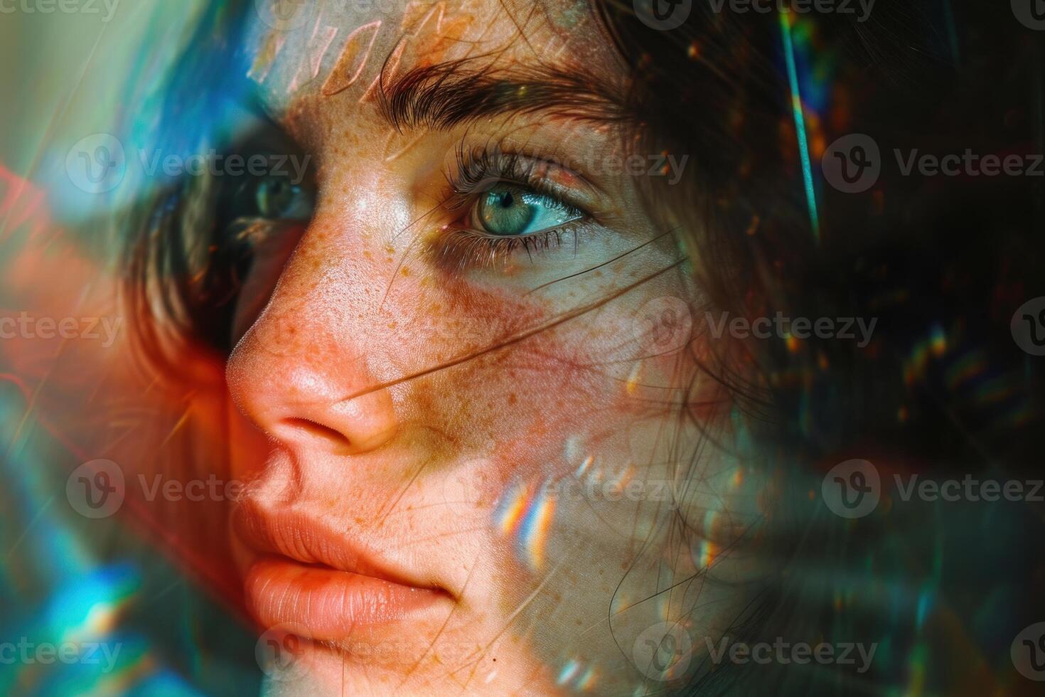 Mystical woman gazing with light reflections photo