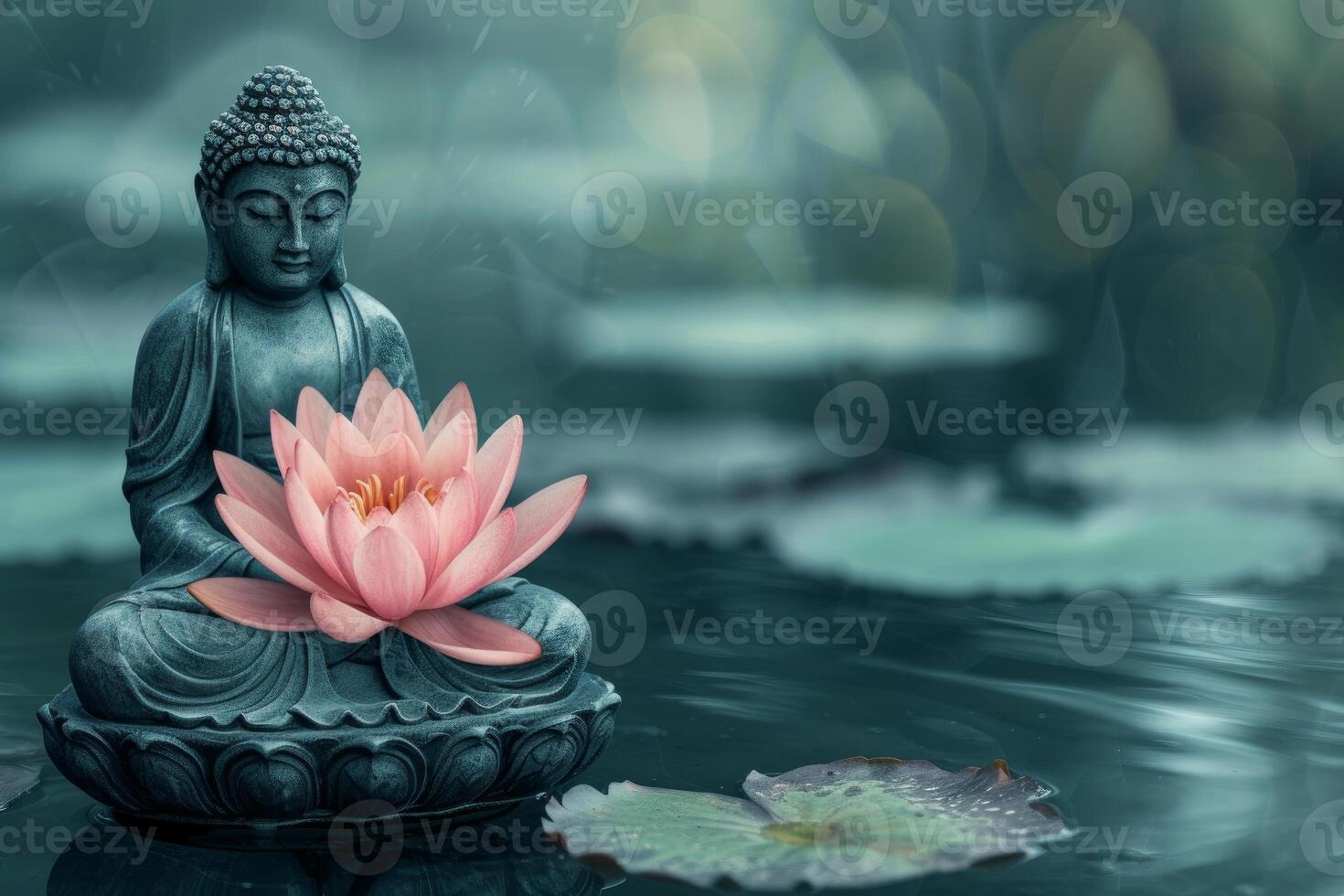 Serene buddha statue with lotus flower on water photo