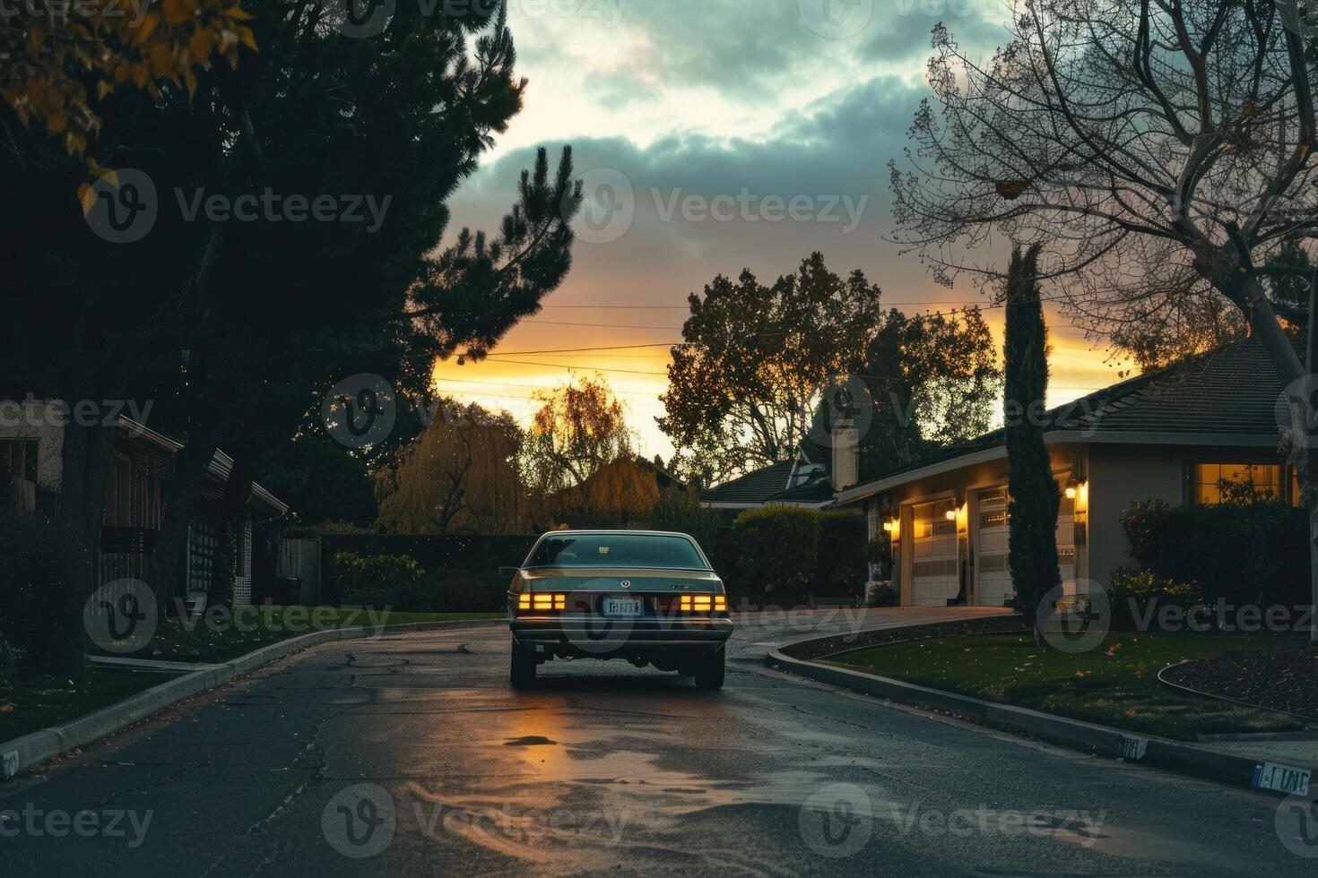 Vintage car parked on suburban street at sunset photo
