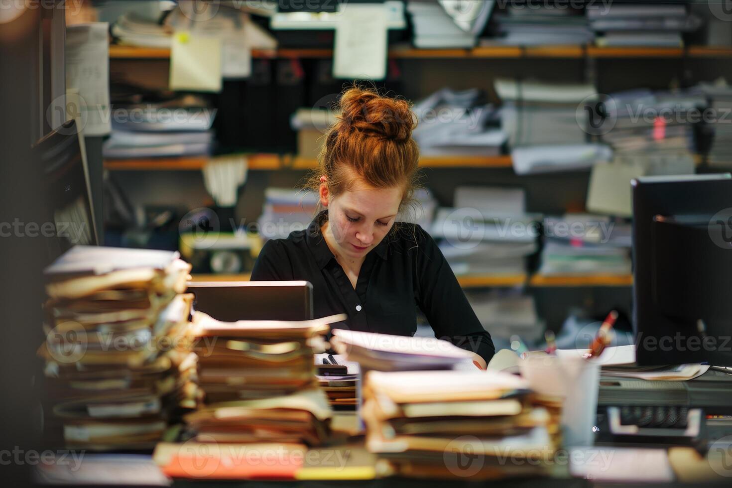Busy office worker amidst paperwork photo