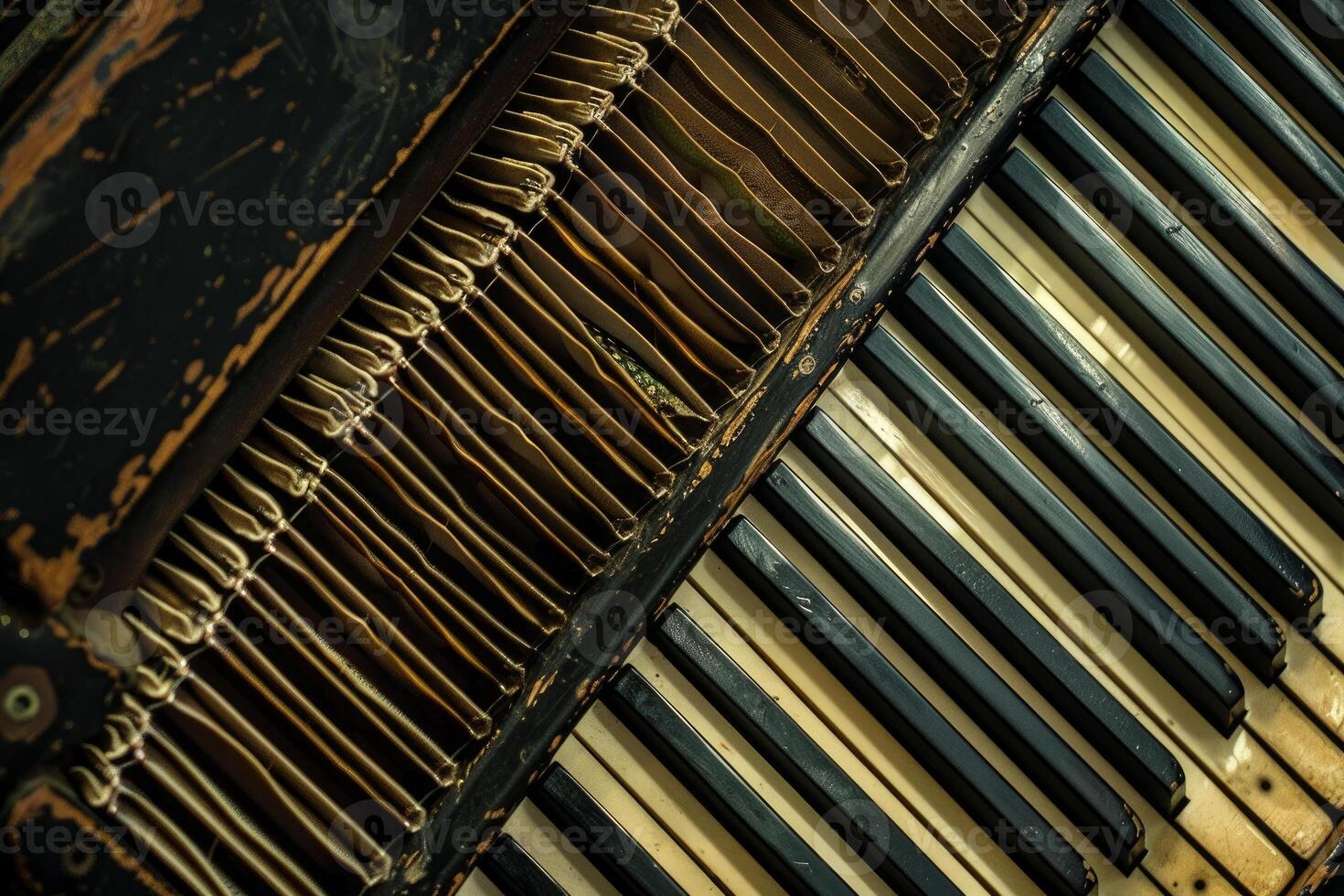 Vintage piano keyboard and internal strings closeup photo