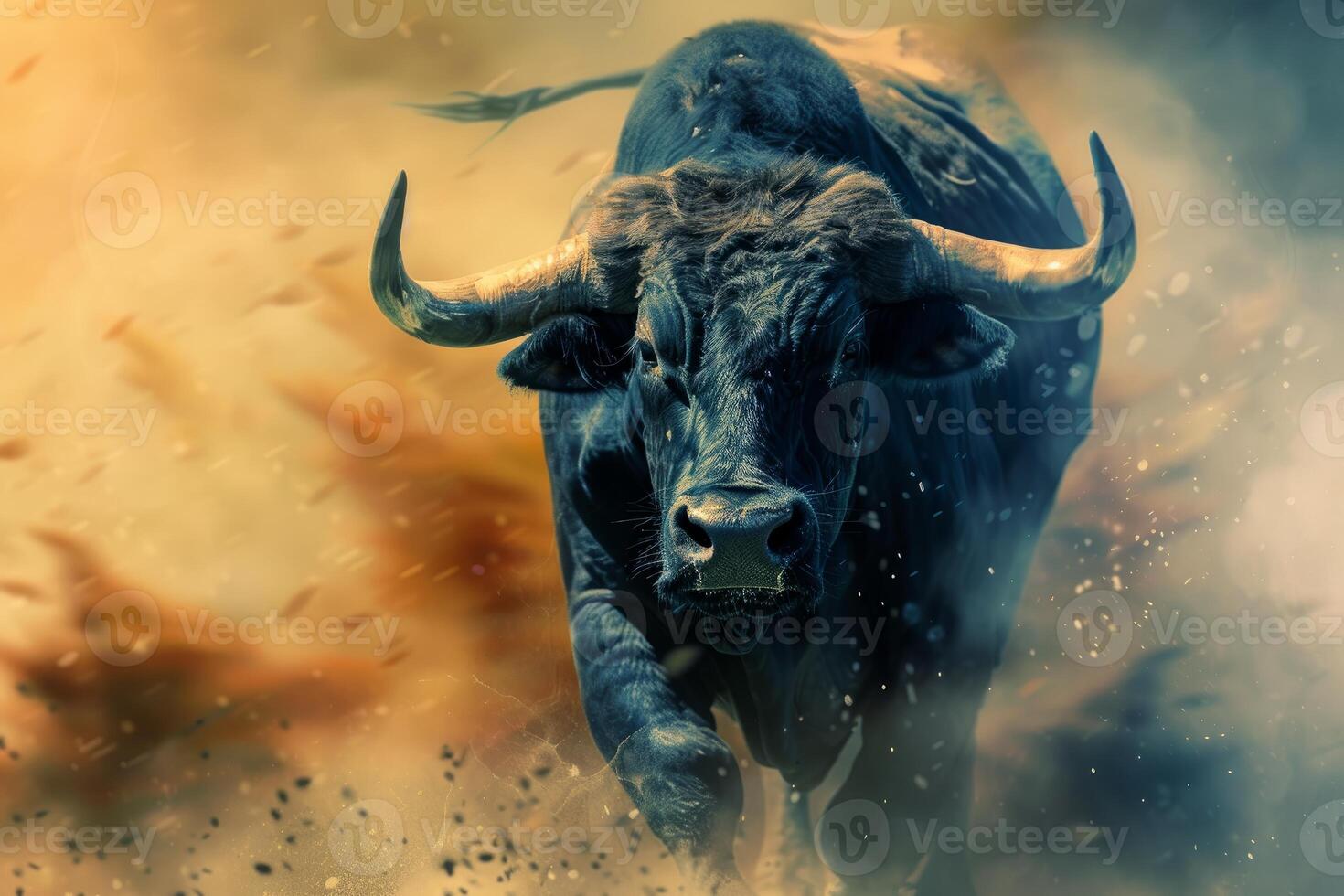 Charging bull in dynamic dust cloud photo