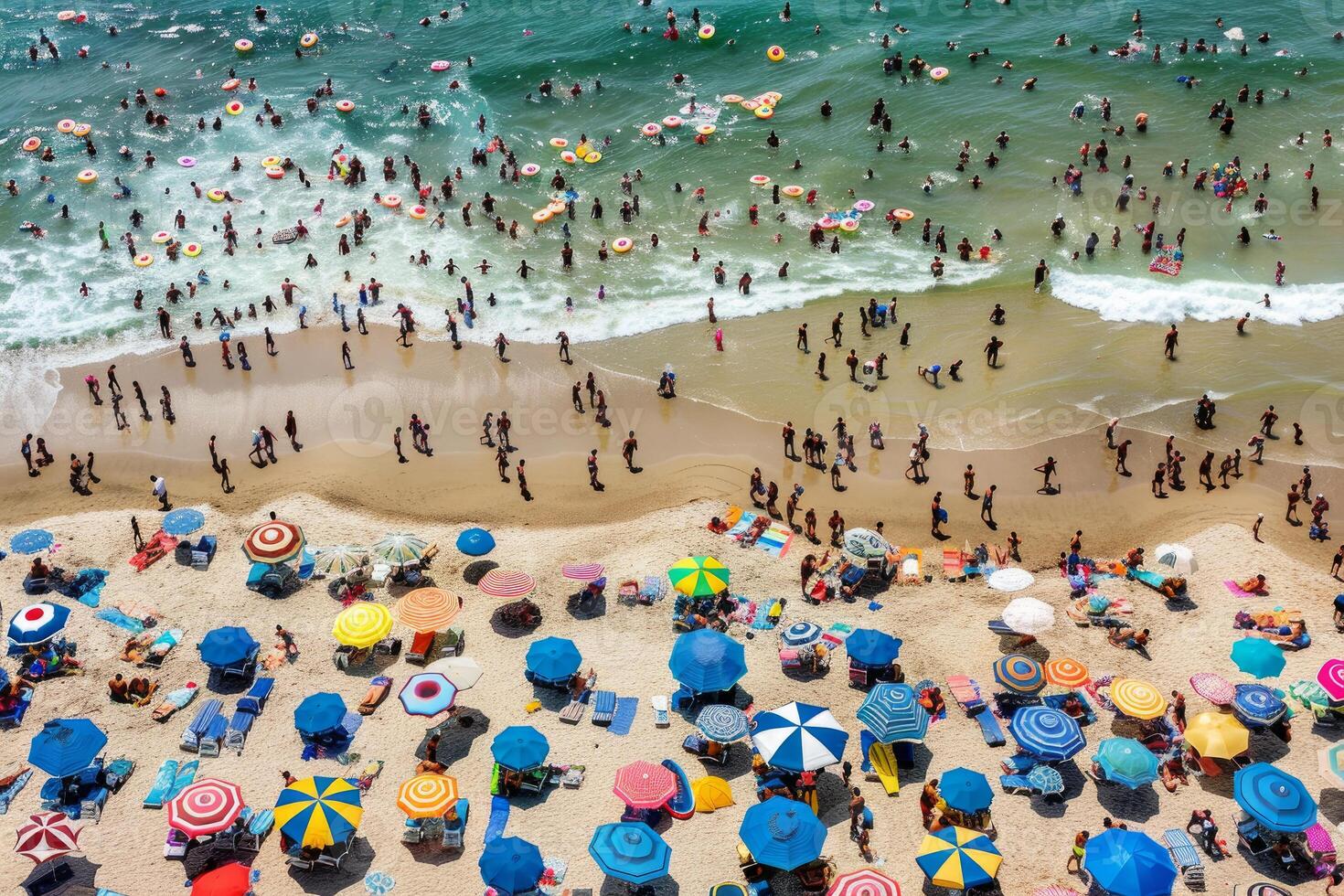 Bustling beach scene from above photo