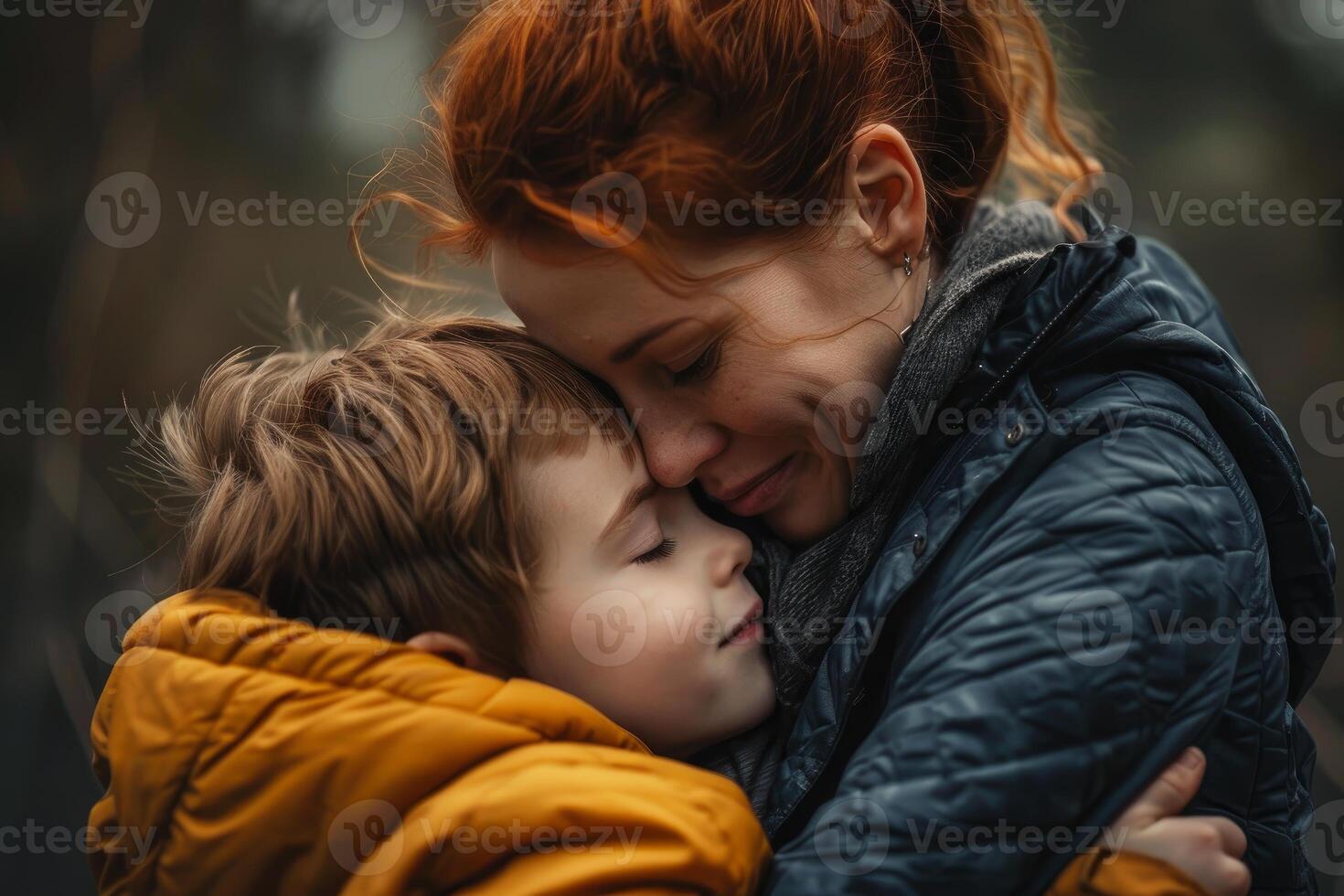 Mother affectionately hugs her child, showing love and warmth outdoors photo