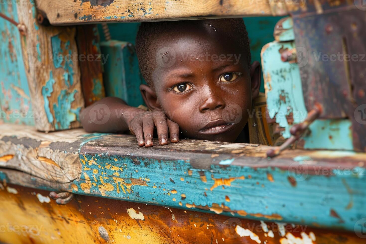 Thoughtful child peering from rustic window photo