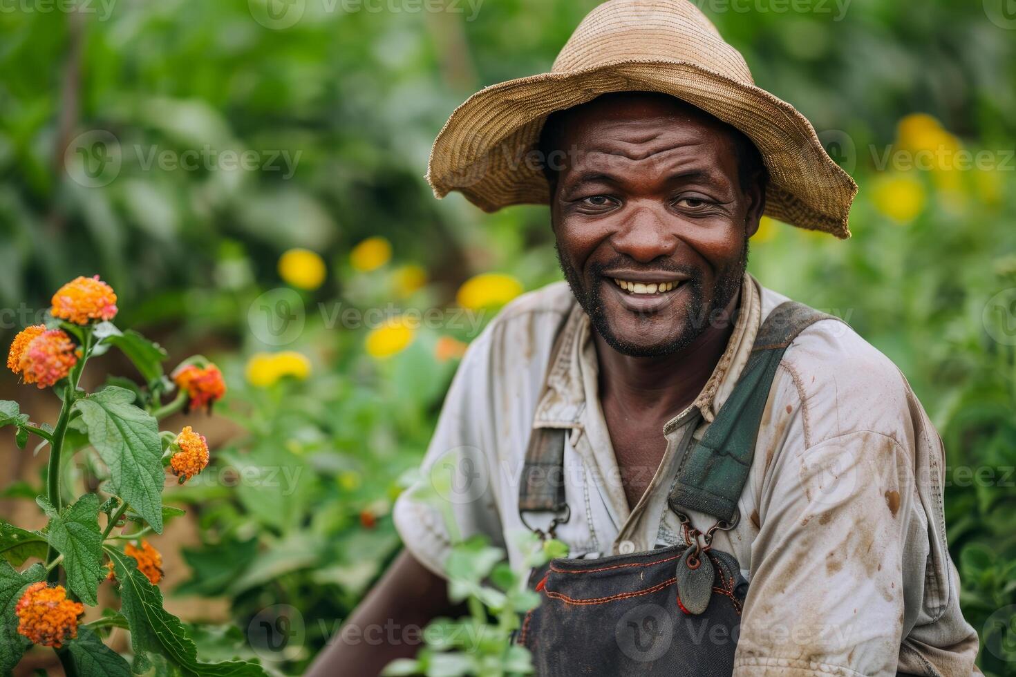 Joyful farmer smiling in flower garden photo