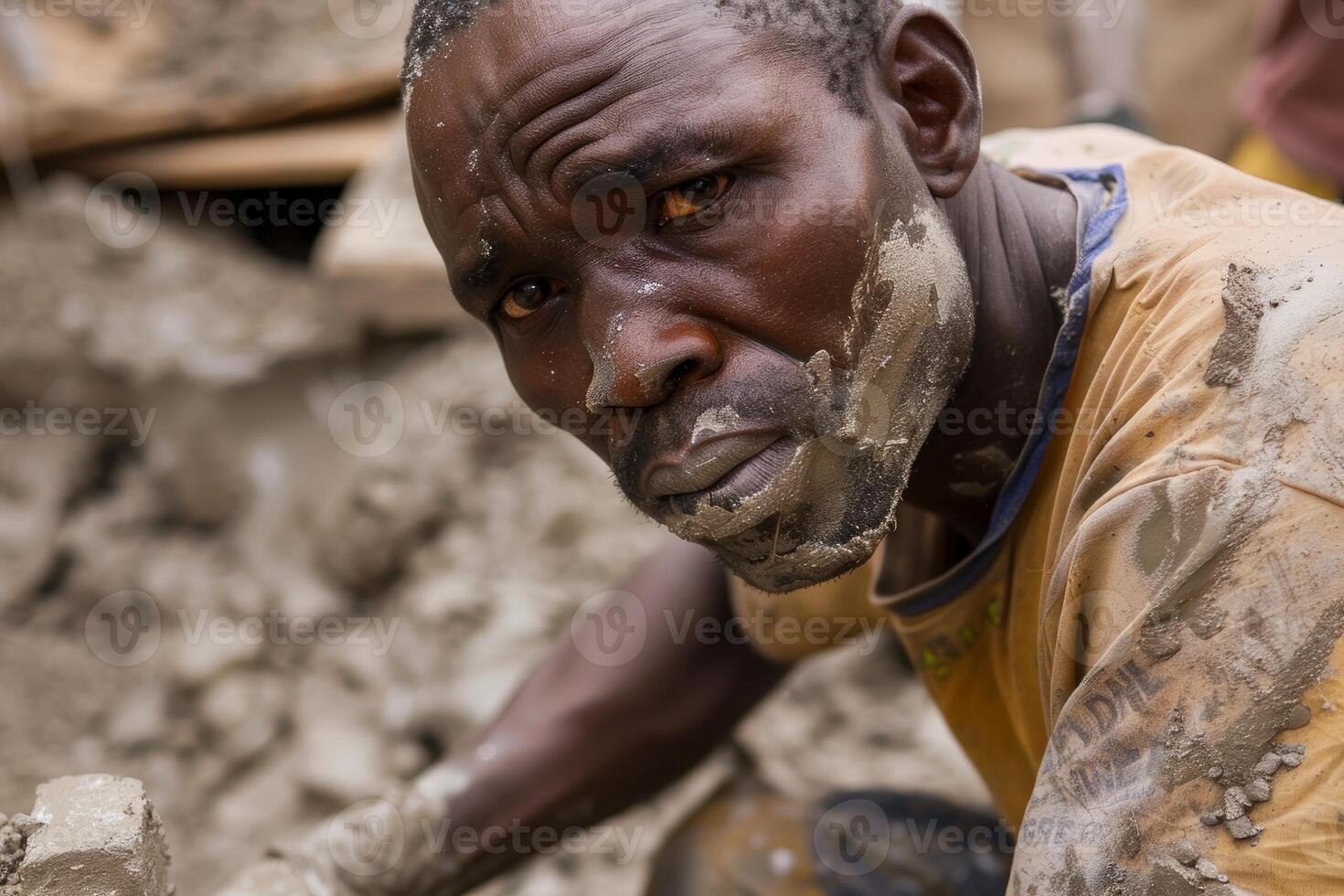 Tired laborer in a dusty environment photo